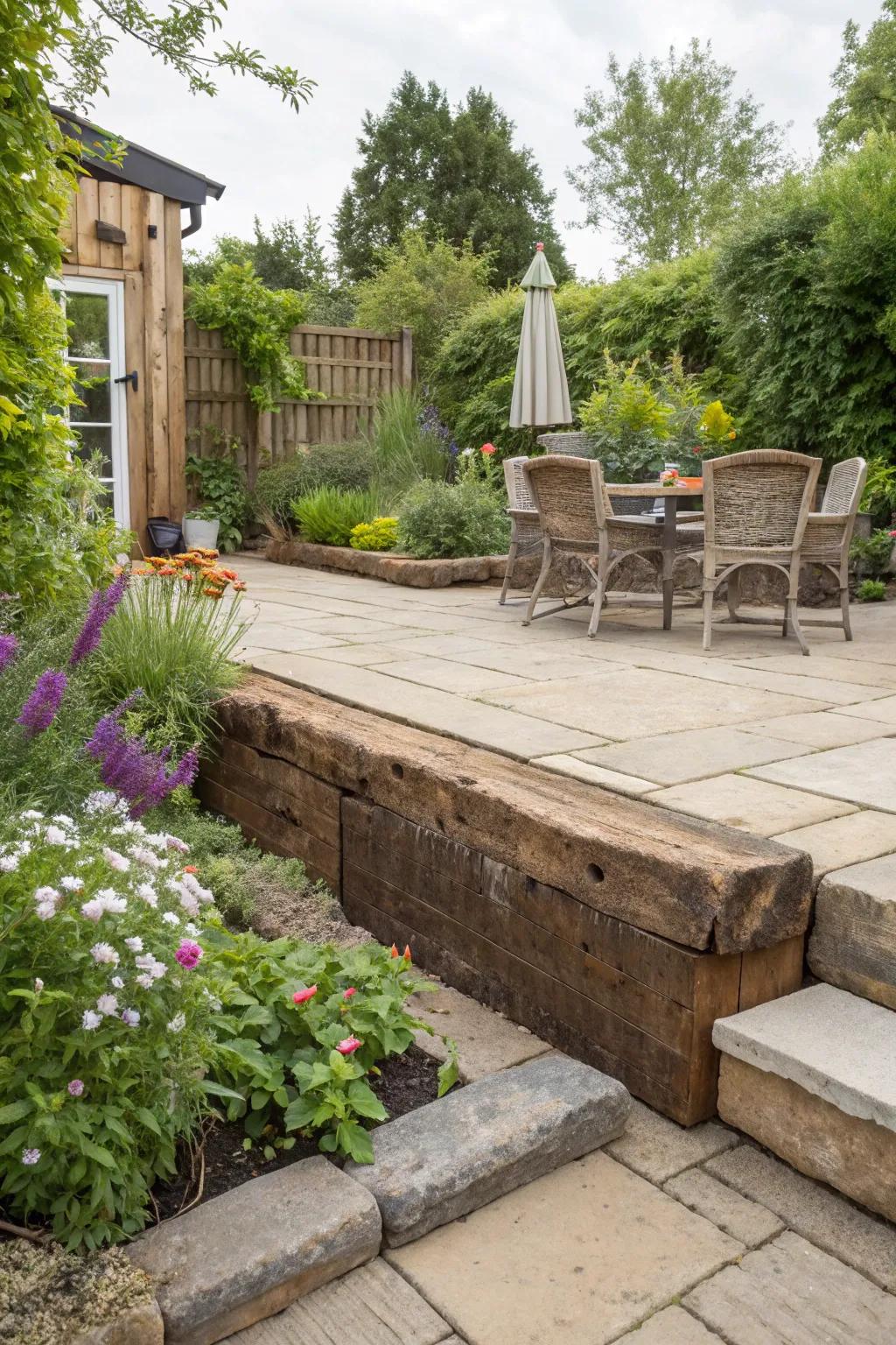 A rustic patio with robust railway sleeper edging for added strength.