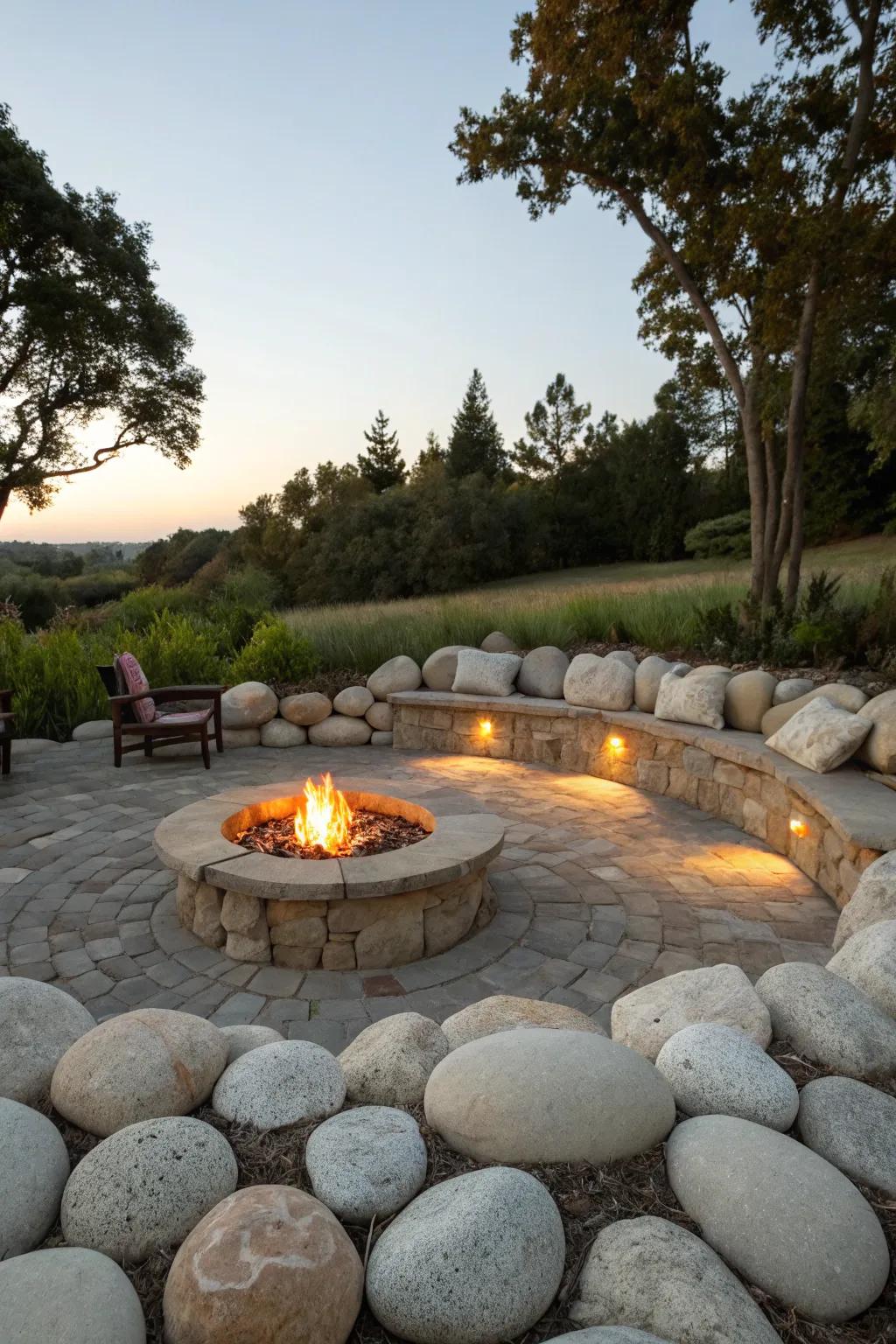Egg rocks form a sturdy base for a fire pit area.