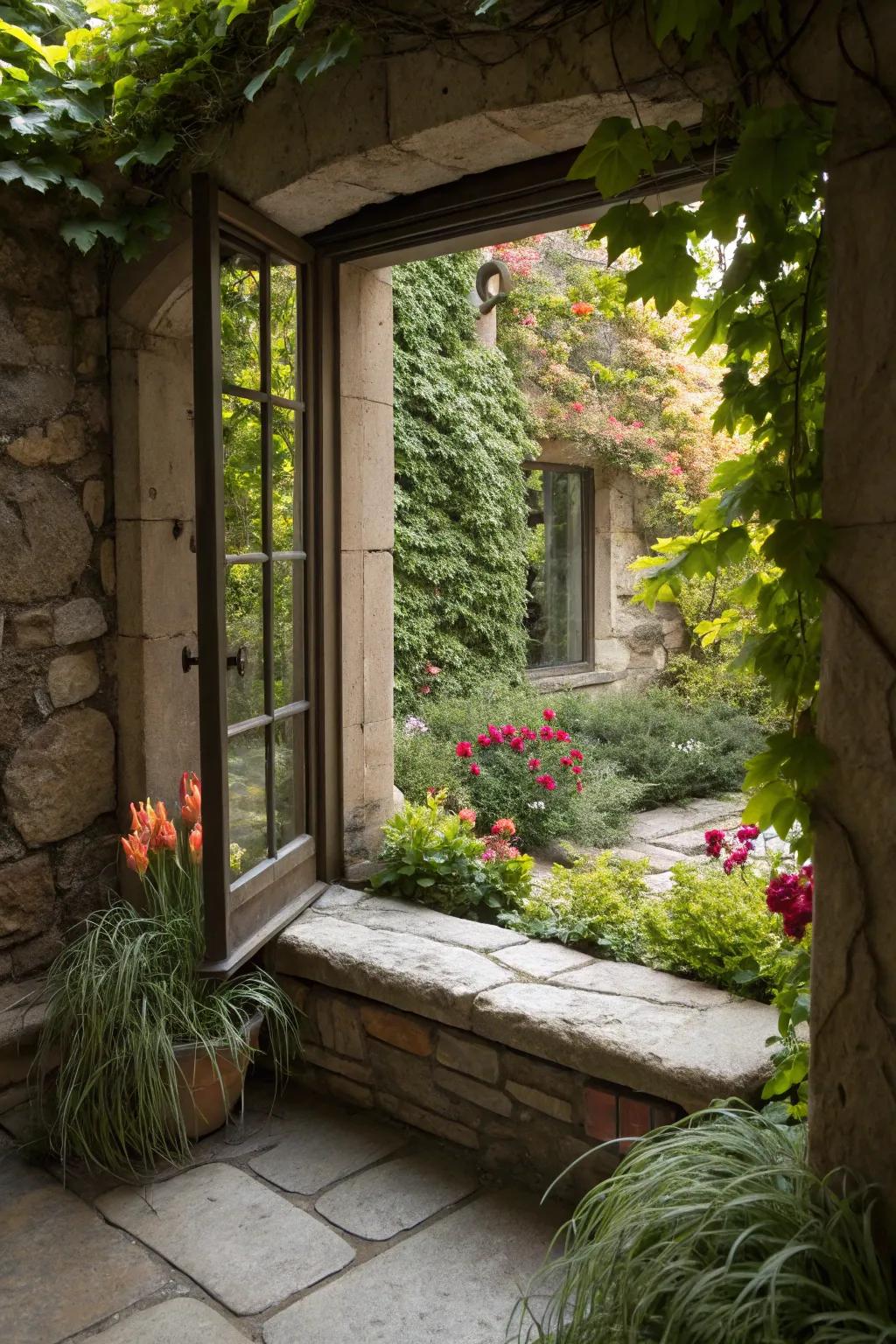 Built-in seating provides a cozy nook to enjoy the garden.