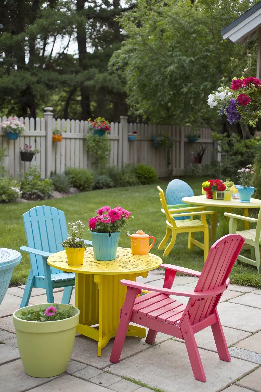 Freshly painted backyard furniture adding color and charm.