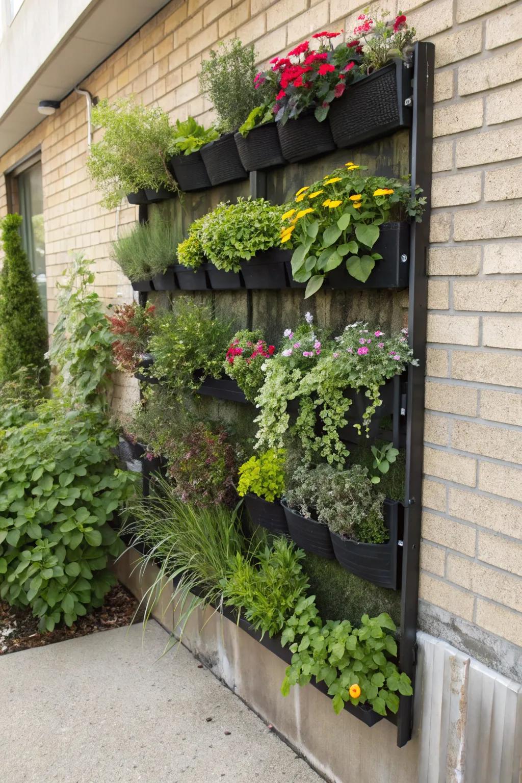 A vertical garden maximizes plant space on sunny walls.