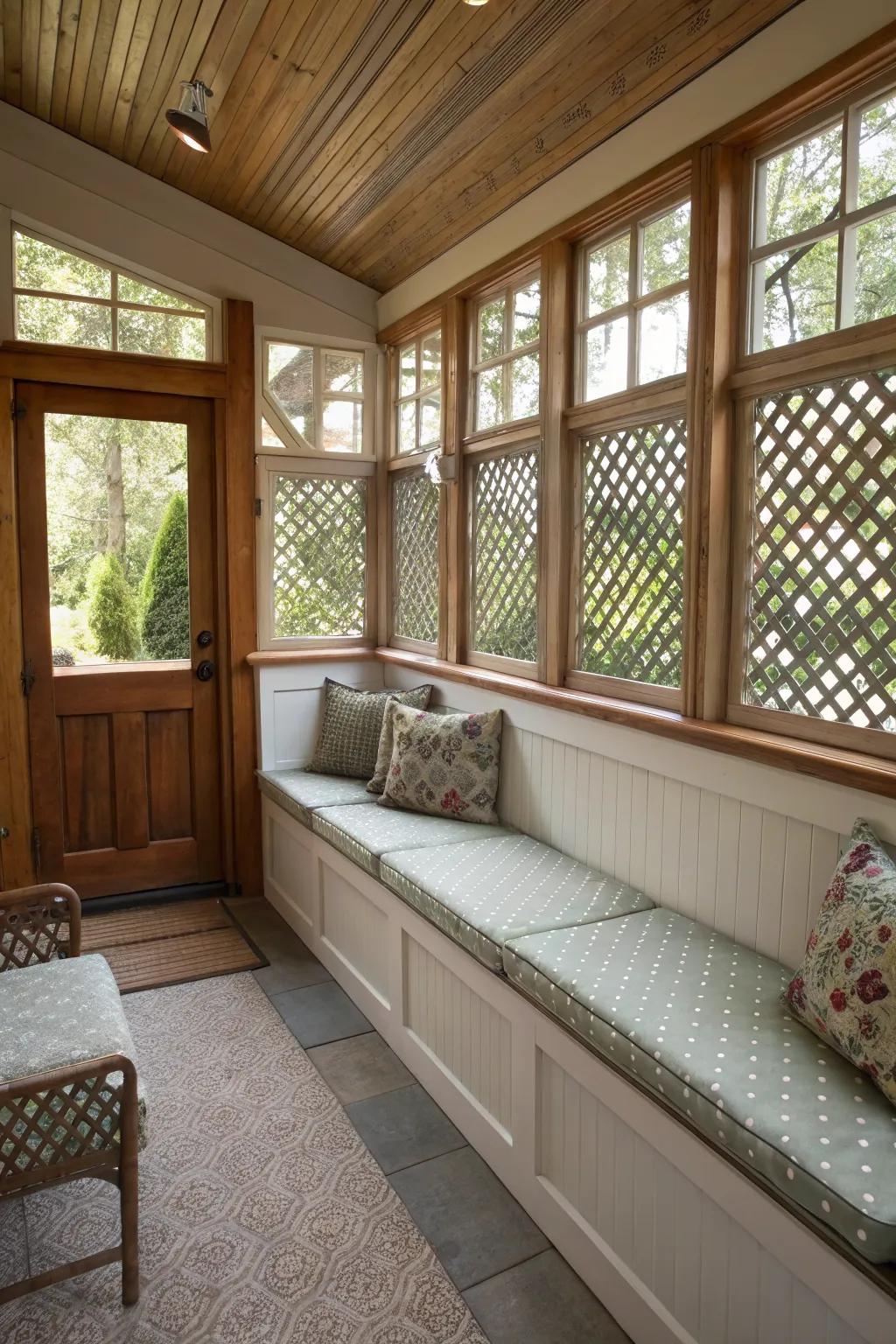 A small enclosed porch with smart built-in seating solutions.