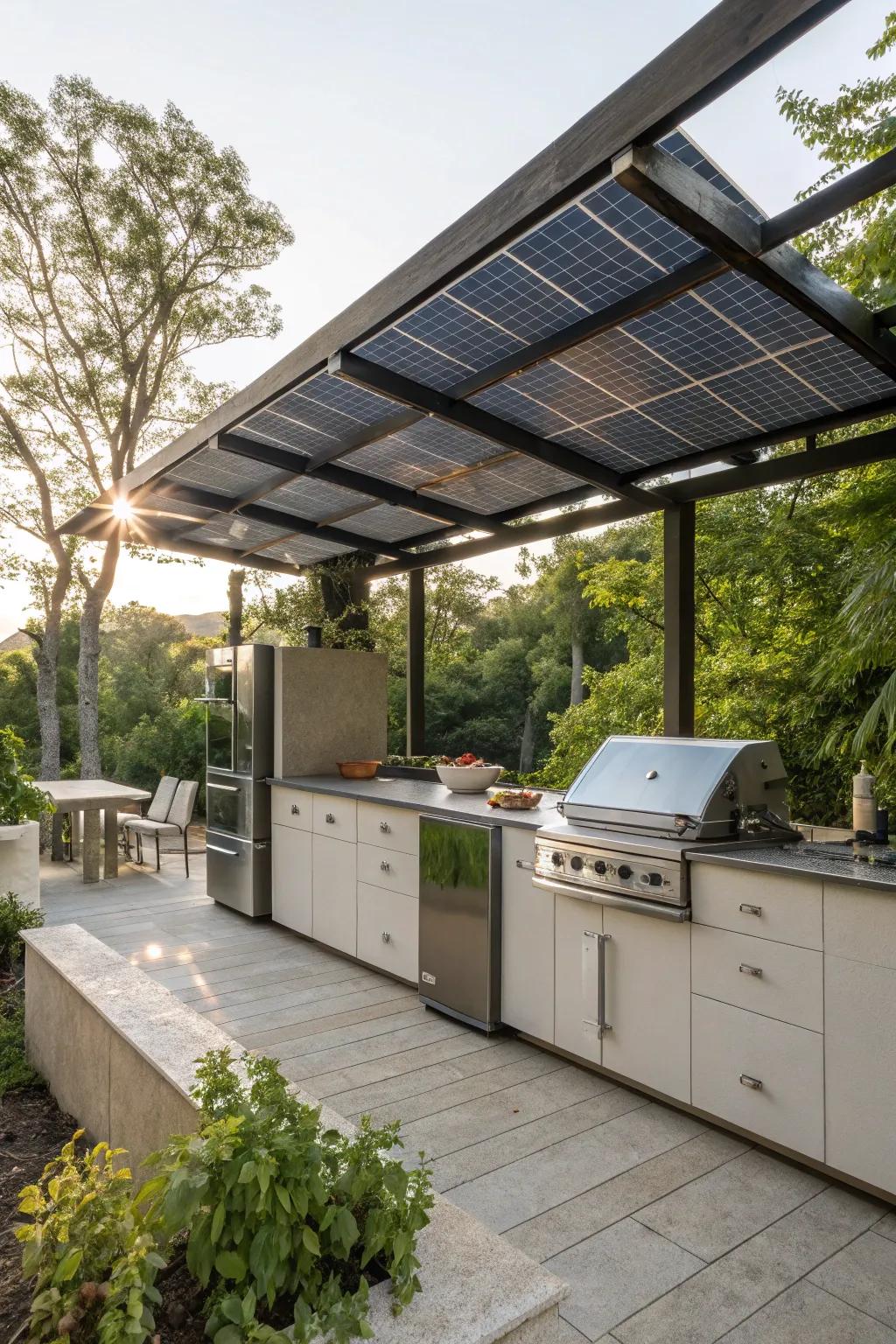 A solar-powered kitchen embraces sustainability and energy efficiency.