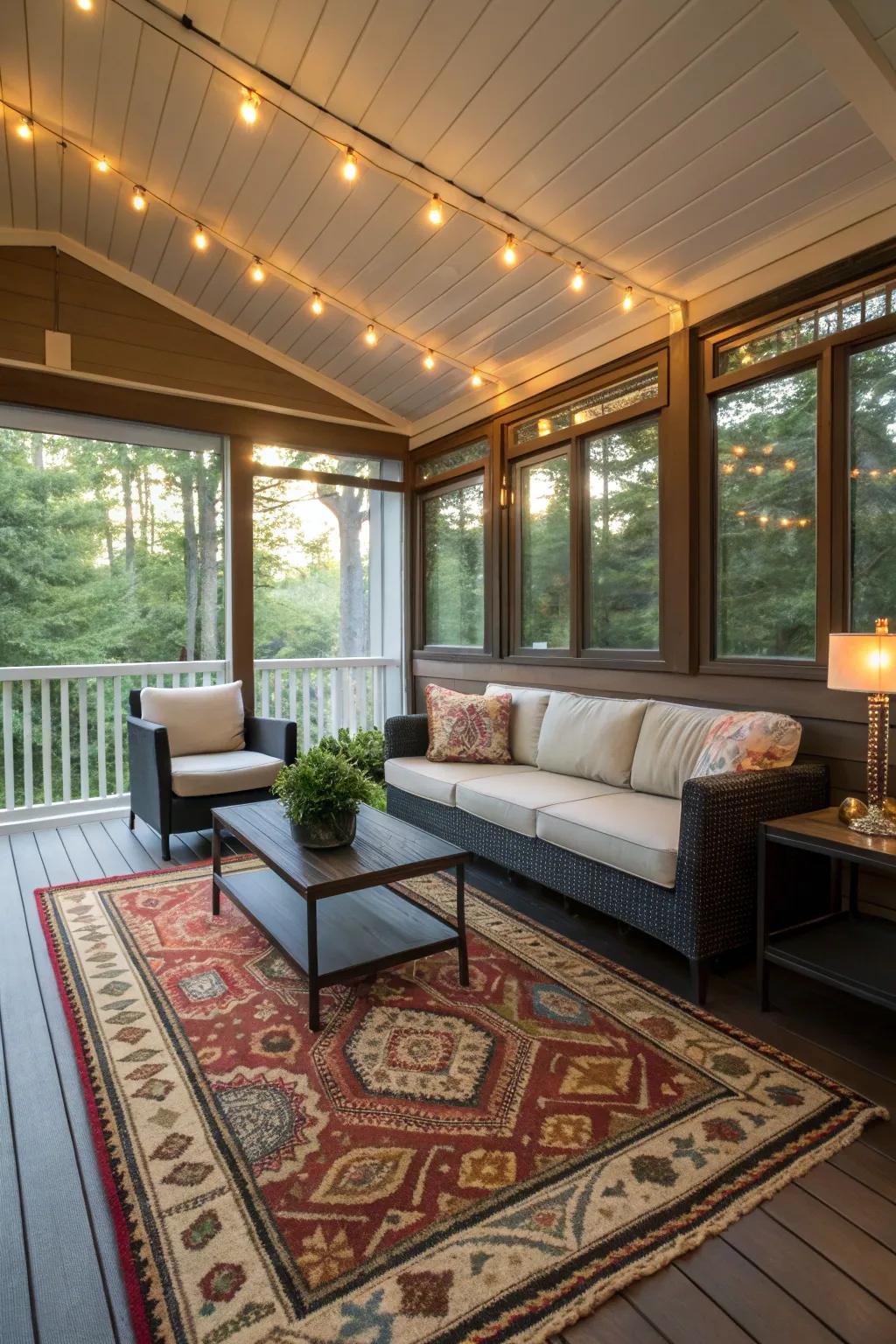 Rugs add warmth and style to your enclosed porch.