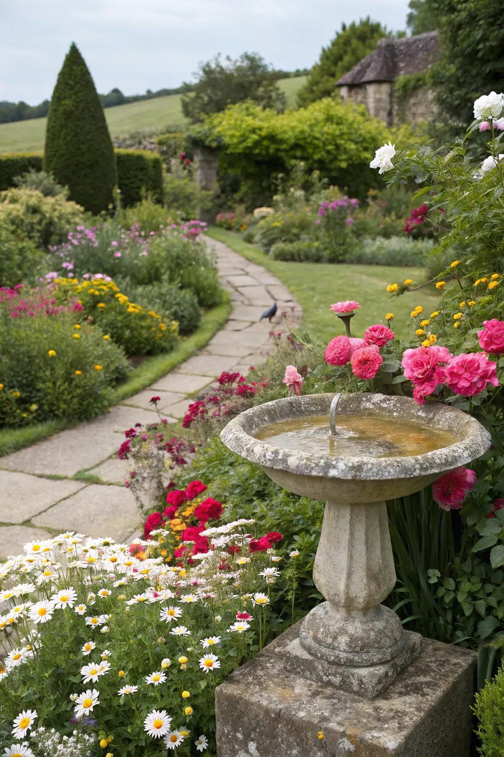 A birdbath that invites birds to visit and enliven the garden with song.