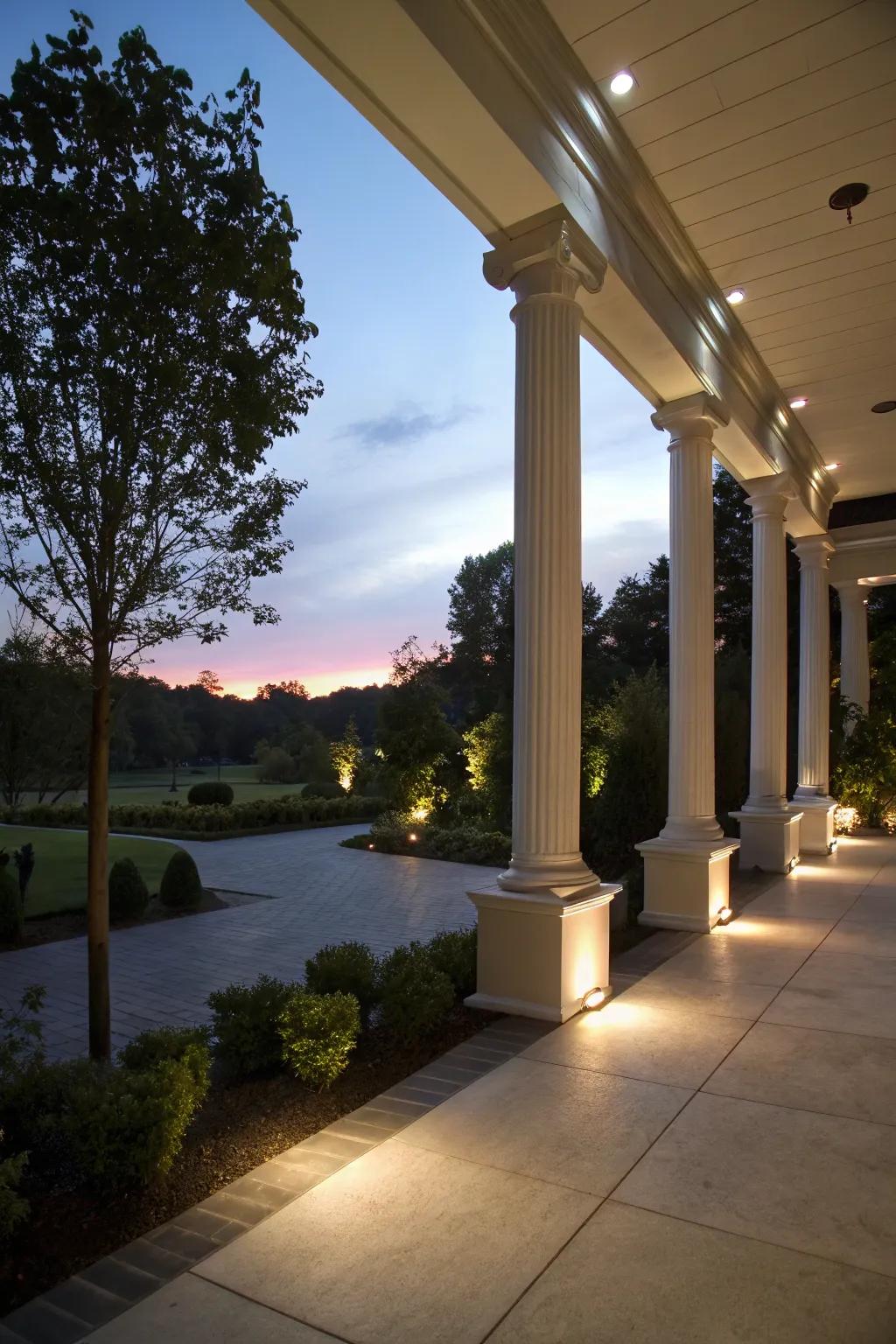 Lit columns add evening charm and safety.