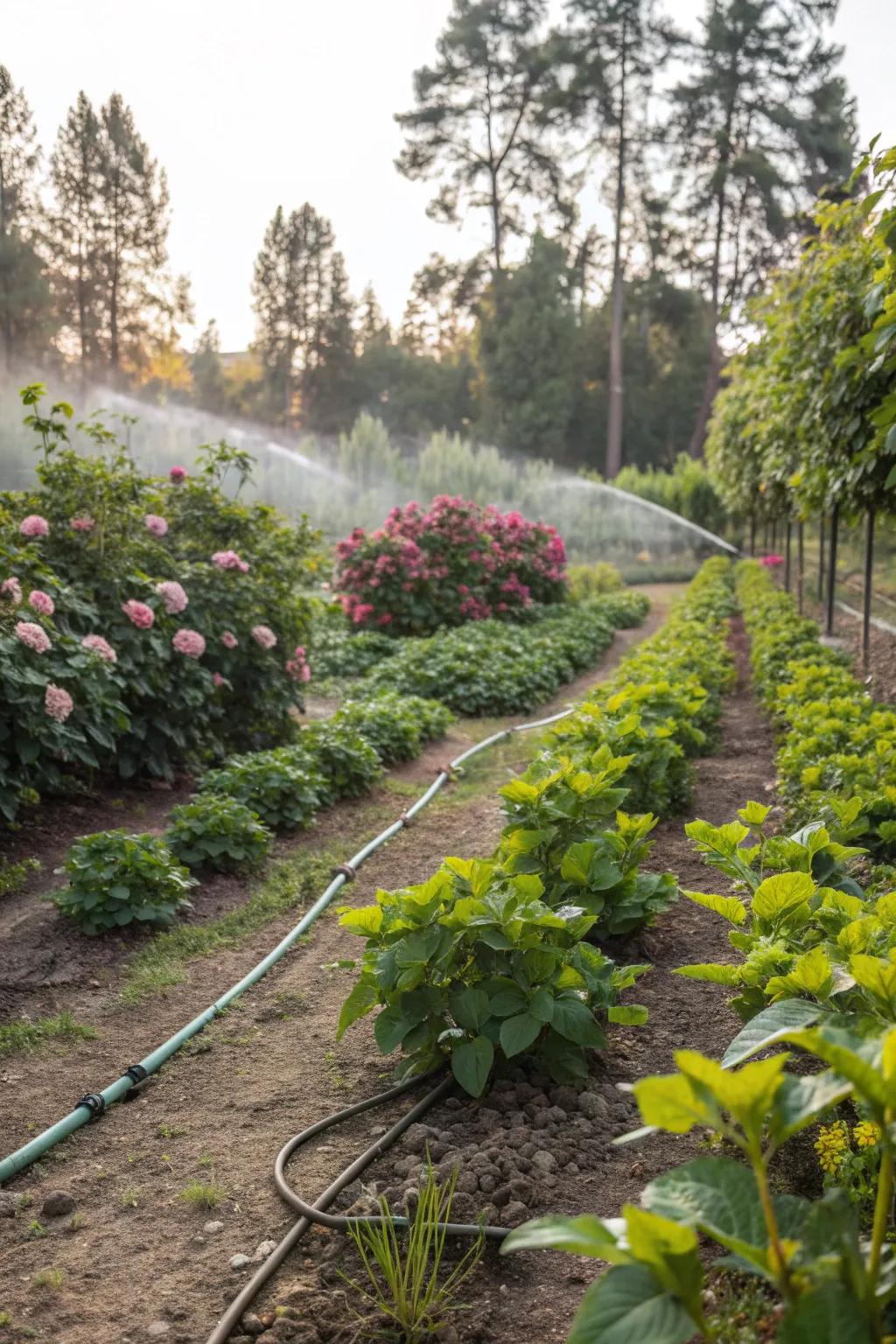 A garden with a drip irrigation system, conserving water and preventing erosion.