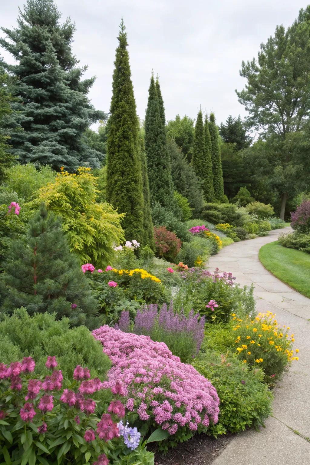 Evergreen plants paired with colorful perennials for year-round interest.