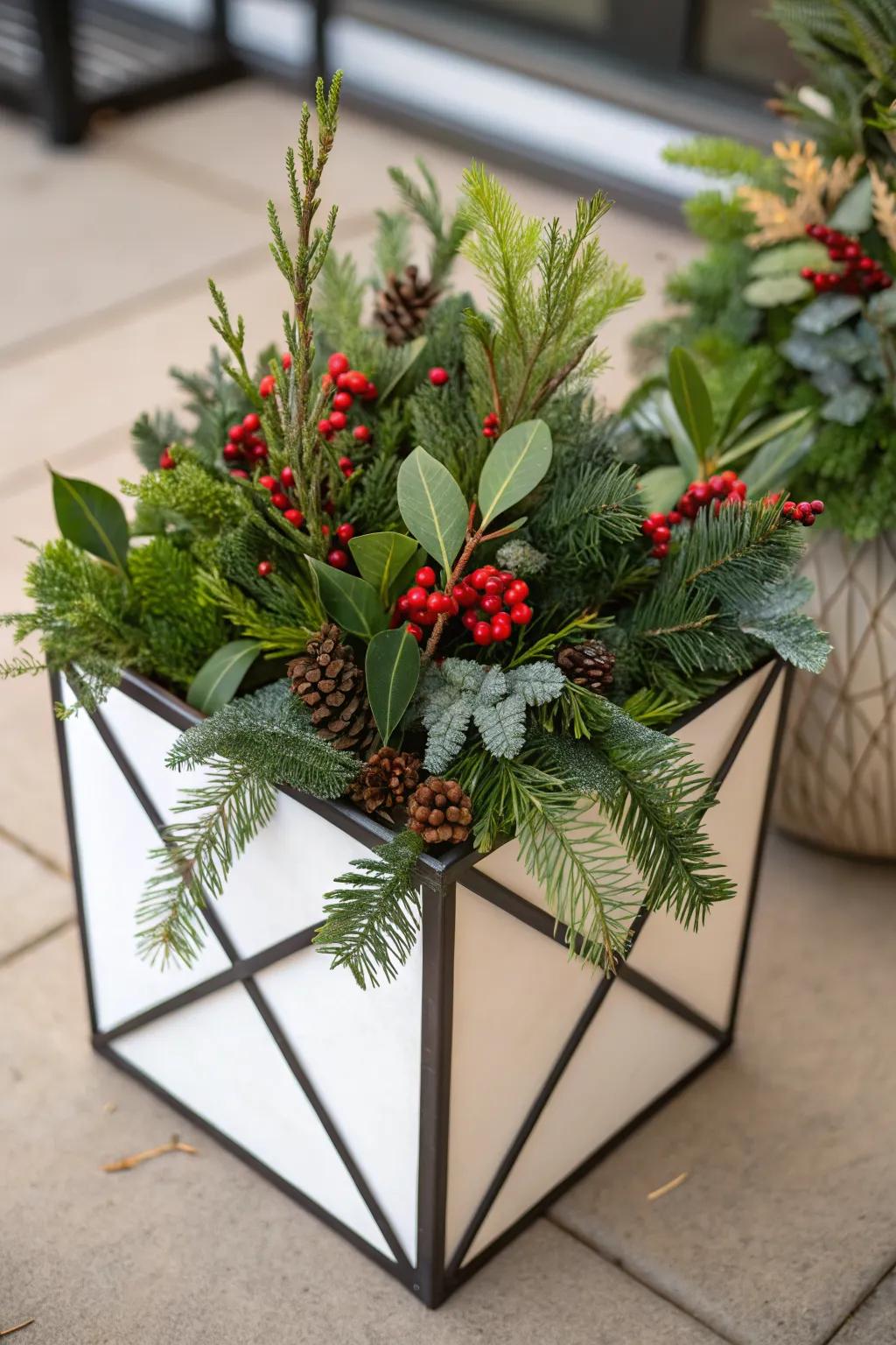 A geometric container adds modern flair to winter decor.