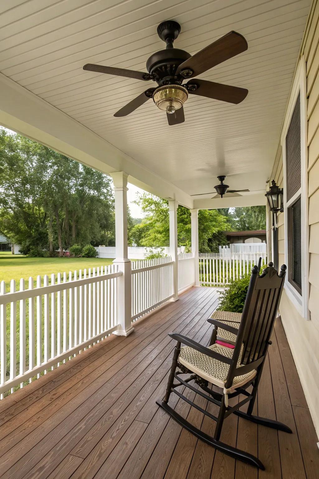 Stylish and functional: A decorative ceiling fan on the porch.