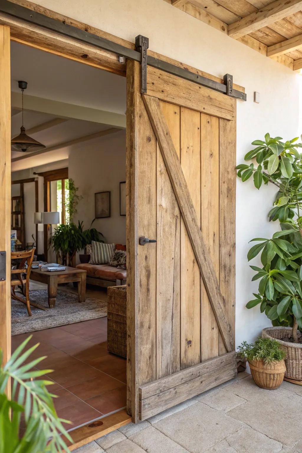 Eco-friendly barn door with reclaimed wood.