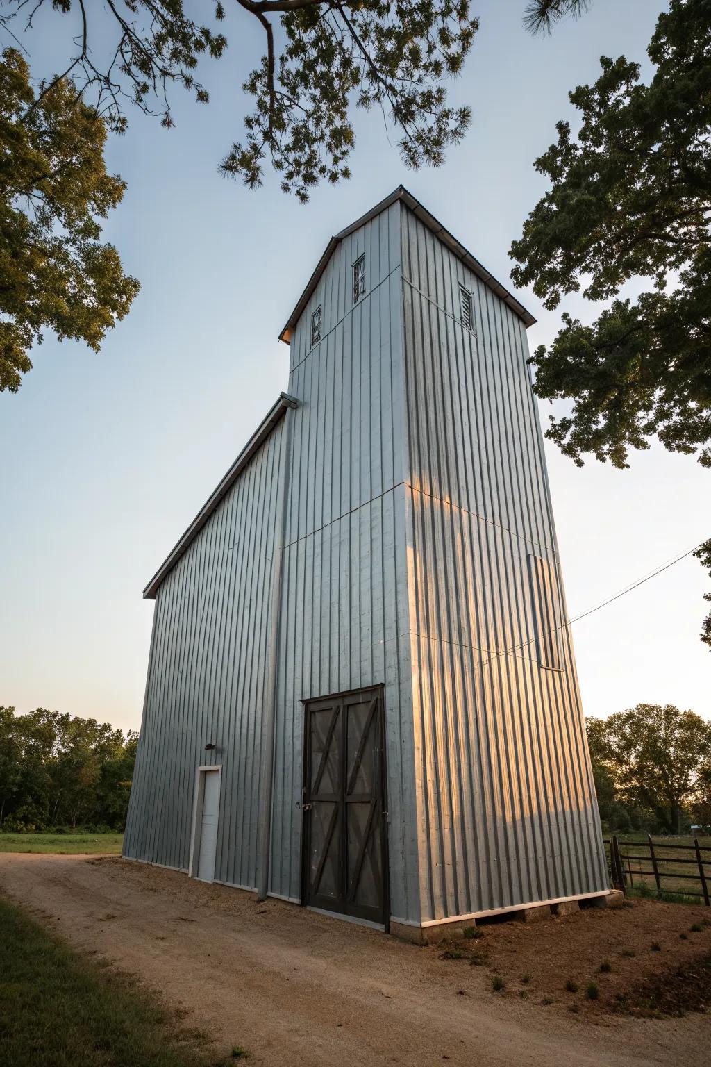Sleek and stately with vertical metal panels.