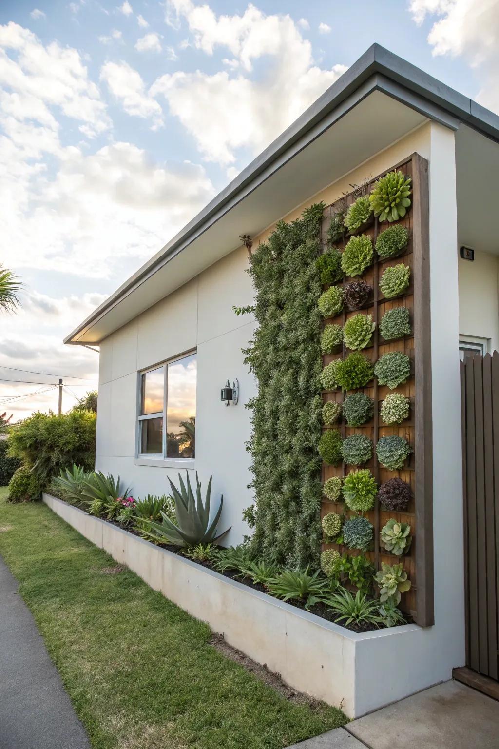 A vertical garden adds greenery and texture to the flat front house.