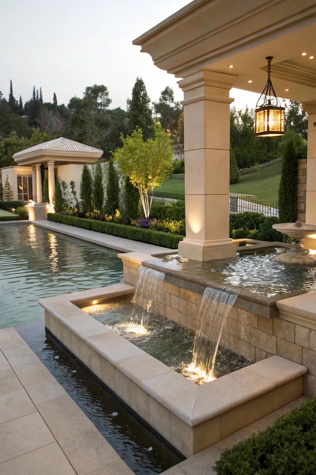 A water feature adds tranquility and interest to this foundation.