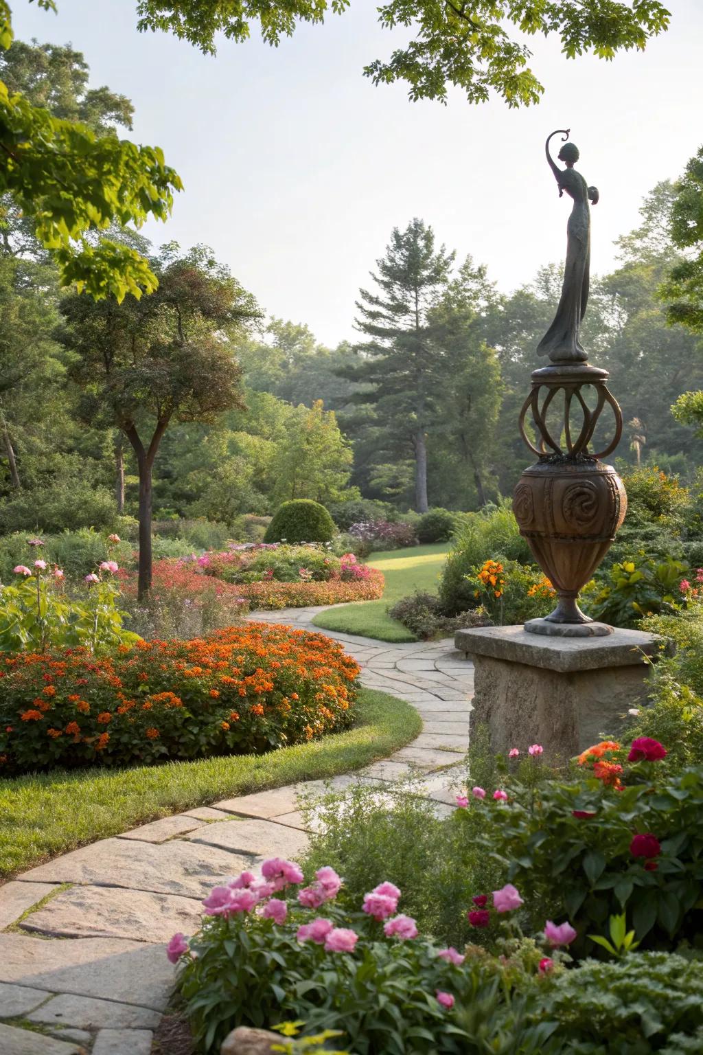 Sculptures add an artistic touch to outdoor spaces.