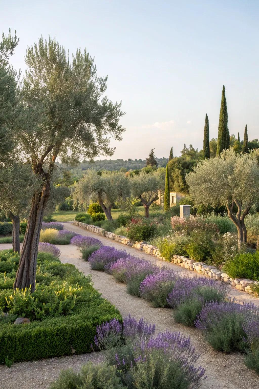 A Mediterranean-themed garden with olive trees and lavender.