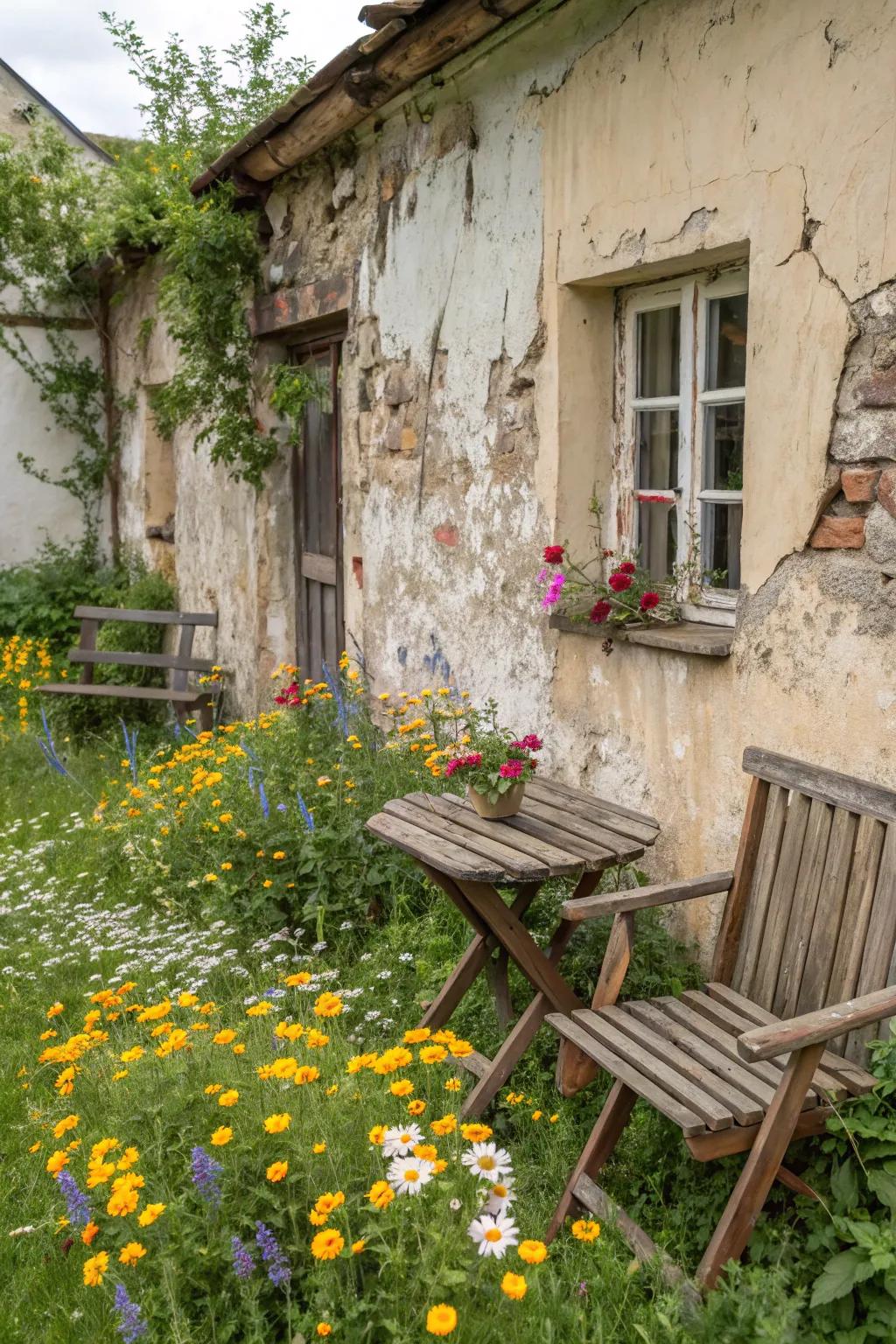 Distressed paint gives a rustic, charming appeal.