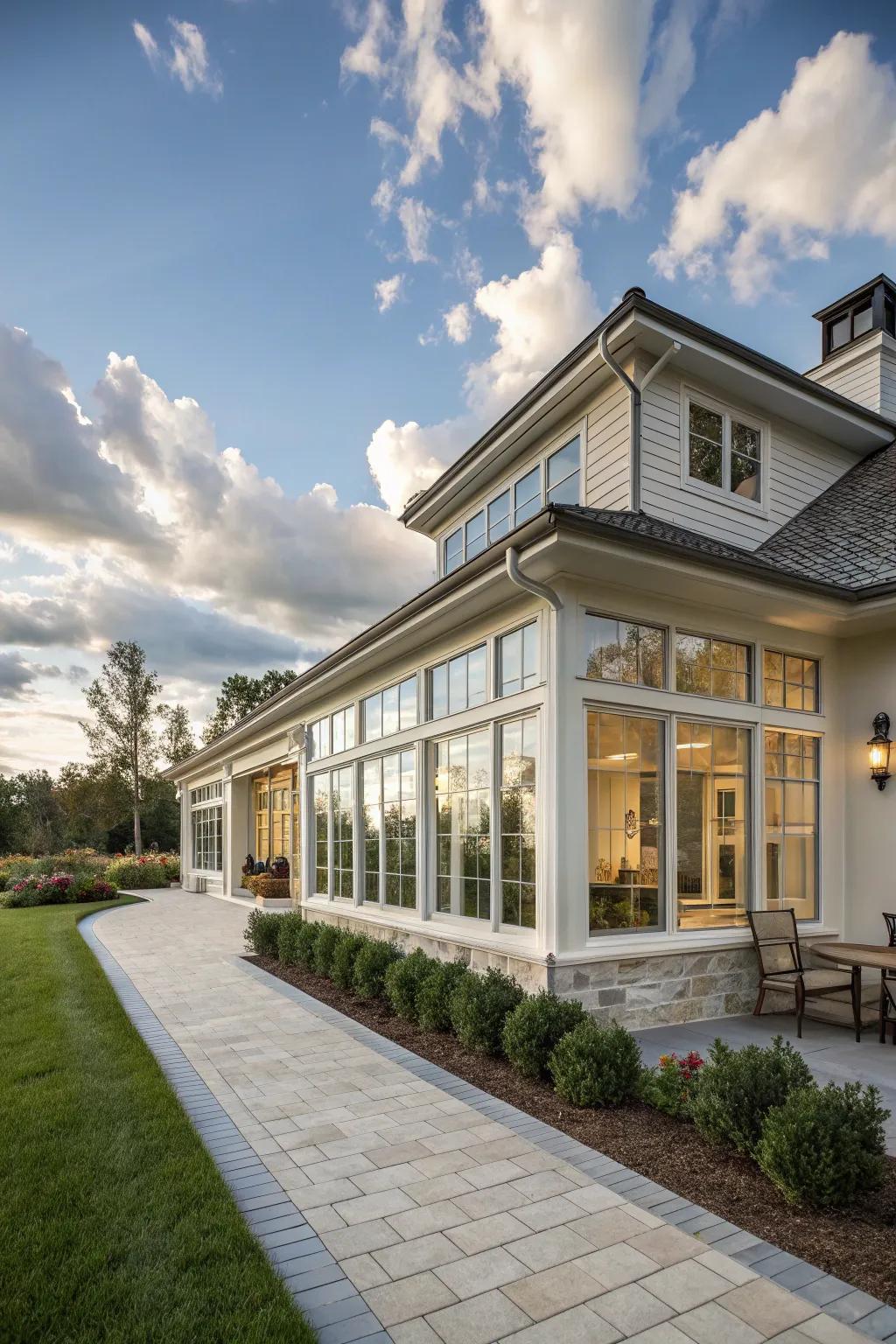 A striking wall of transom windows maximizing light and space.