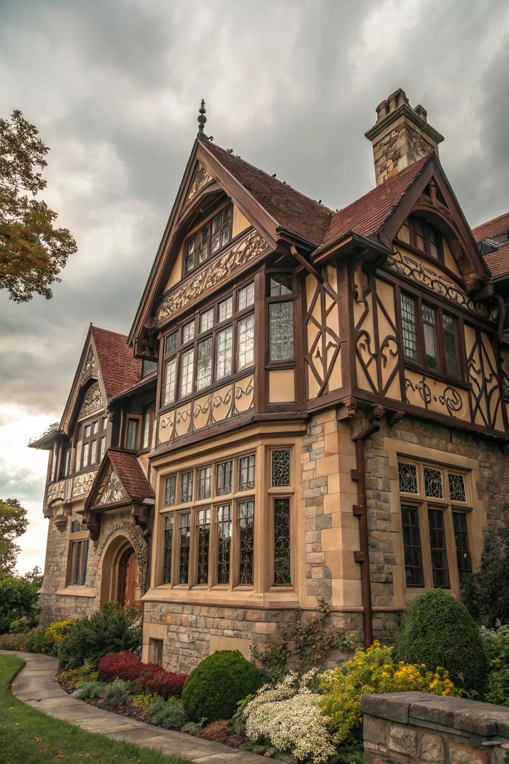 Tudor-inspired frames bring a charming historic flair to this home.