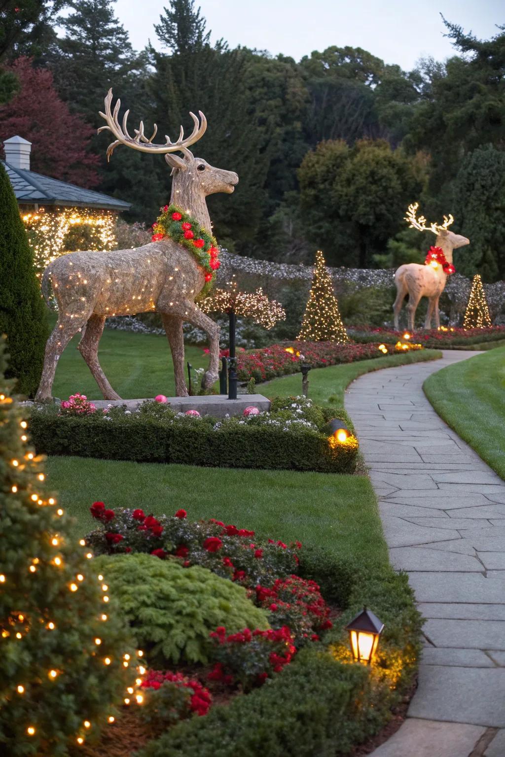 Enormous reindeer figures create a magical sleigh scene.