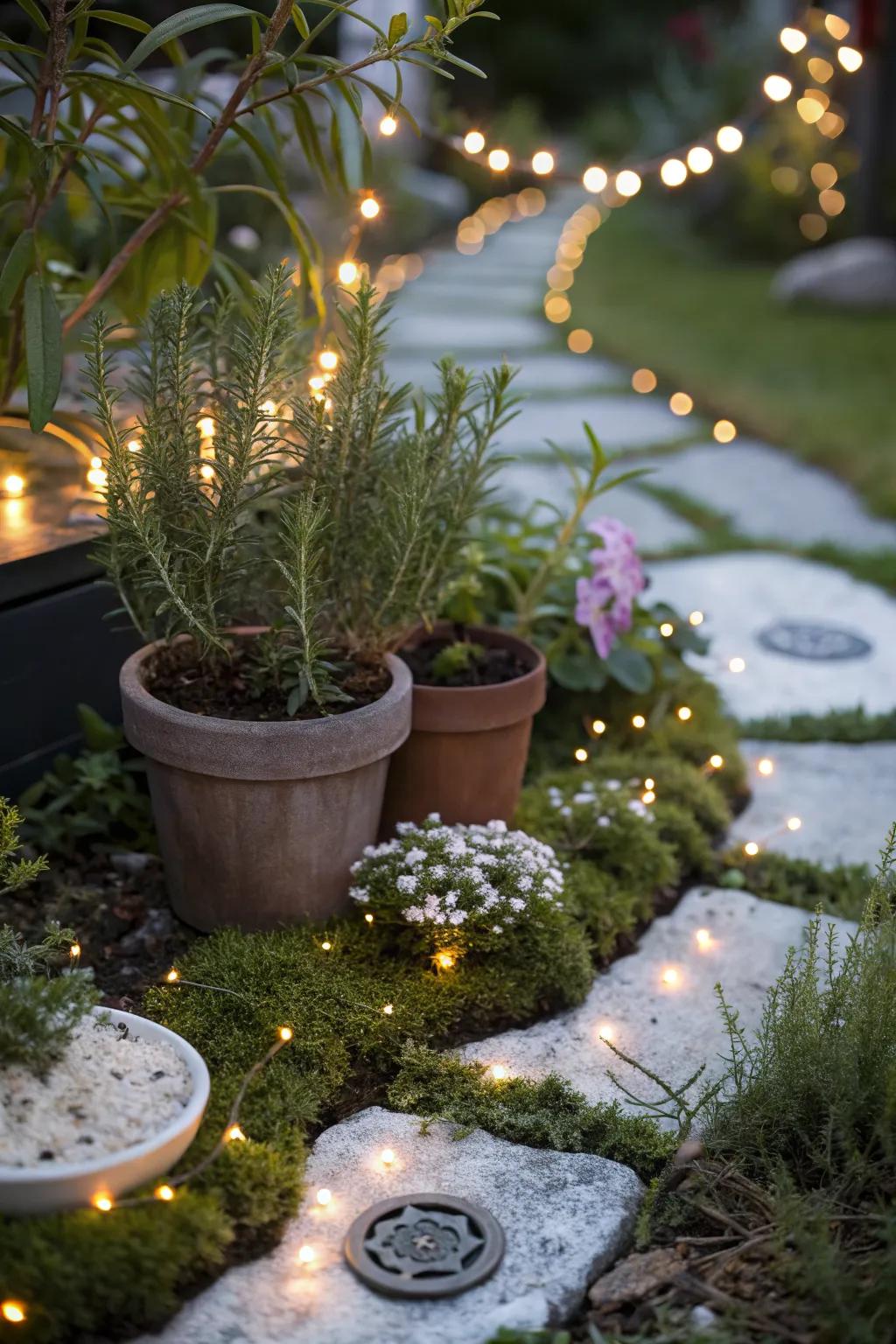 A quaint miniature herb garden adding fragrance to a fairy landscape.