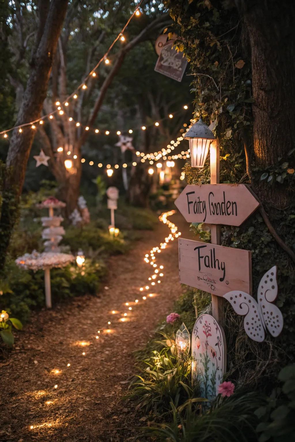 Fairy garden signs guiding visitors along an enchanted garden pathway.