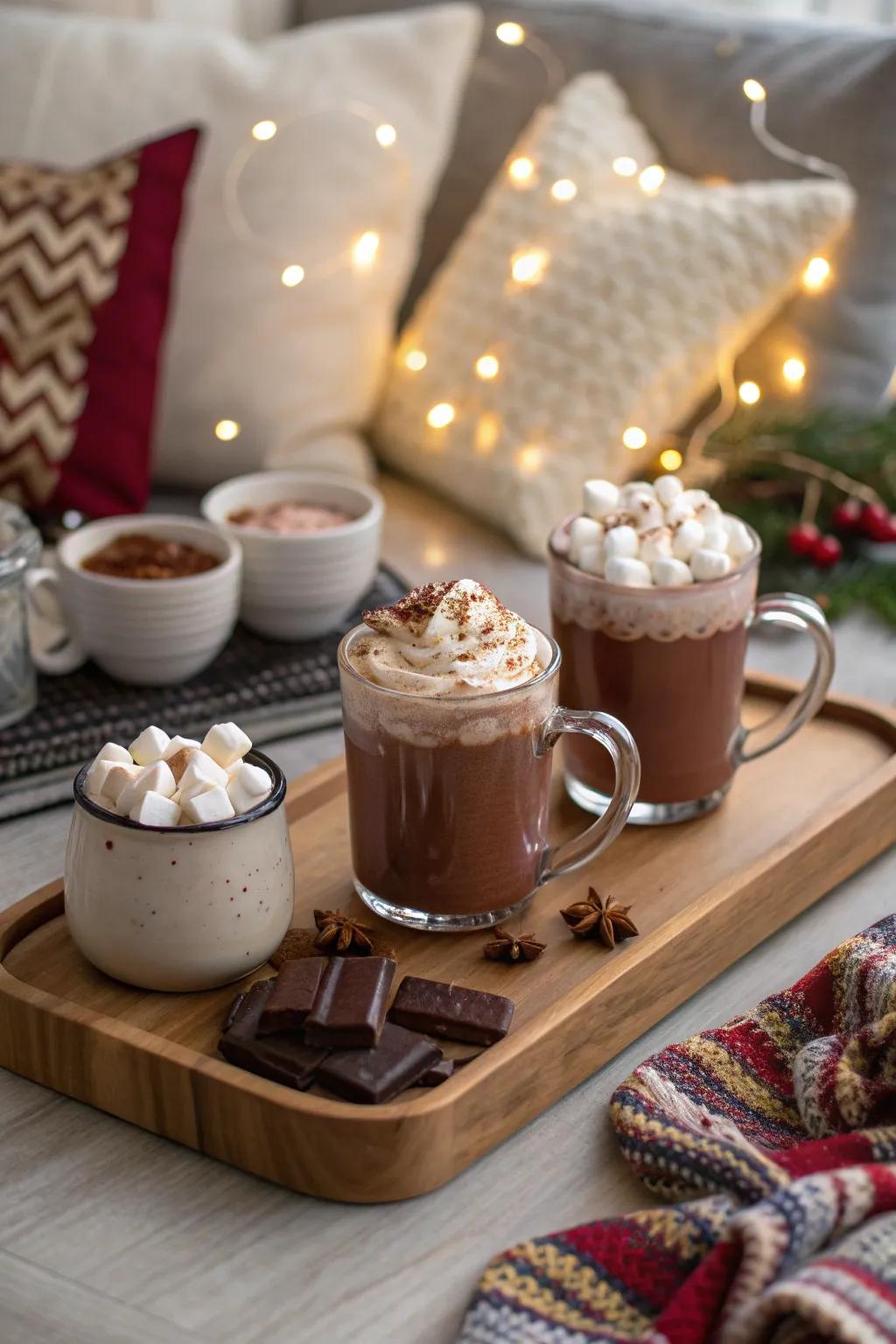 A cozy hot chocolate station with all the fixings for a personalized treat.