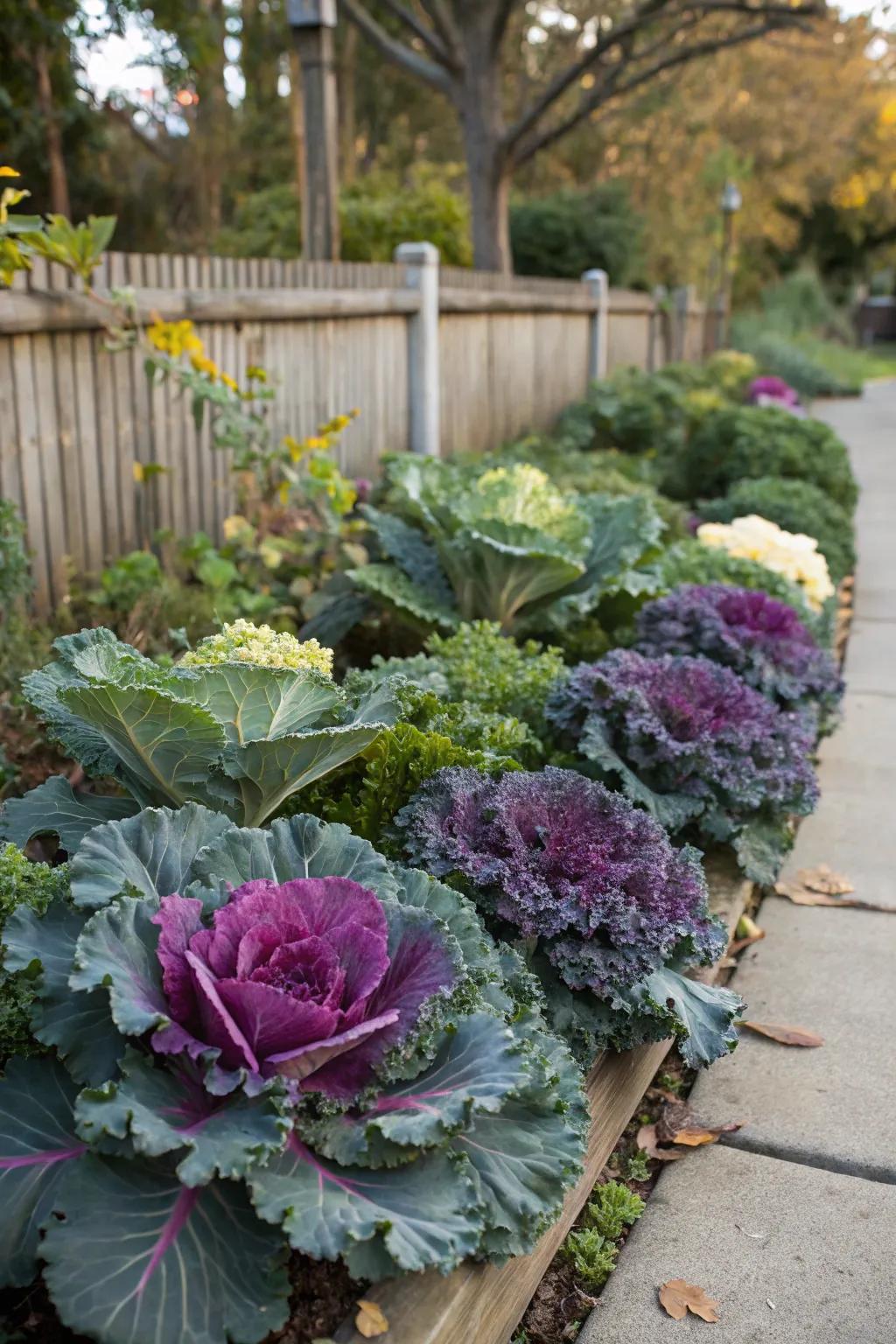 Decorative cabbage and kale add a fresh twist with vibrant colors.
