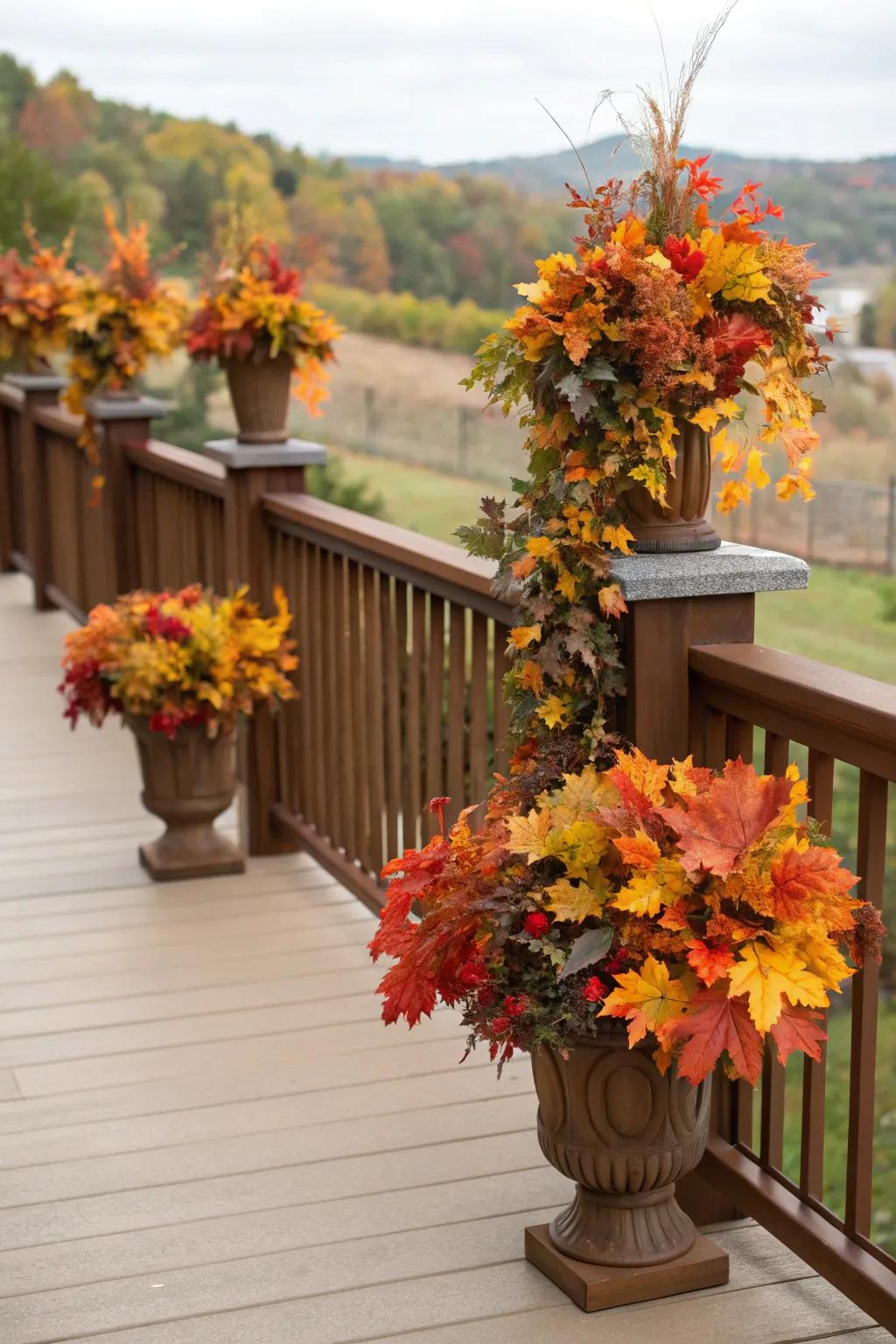 Faux foliage arrangements provide lasting beauty on the deck.