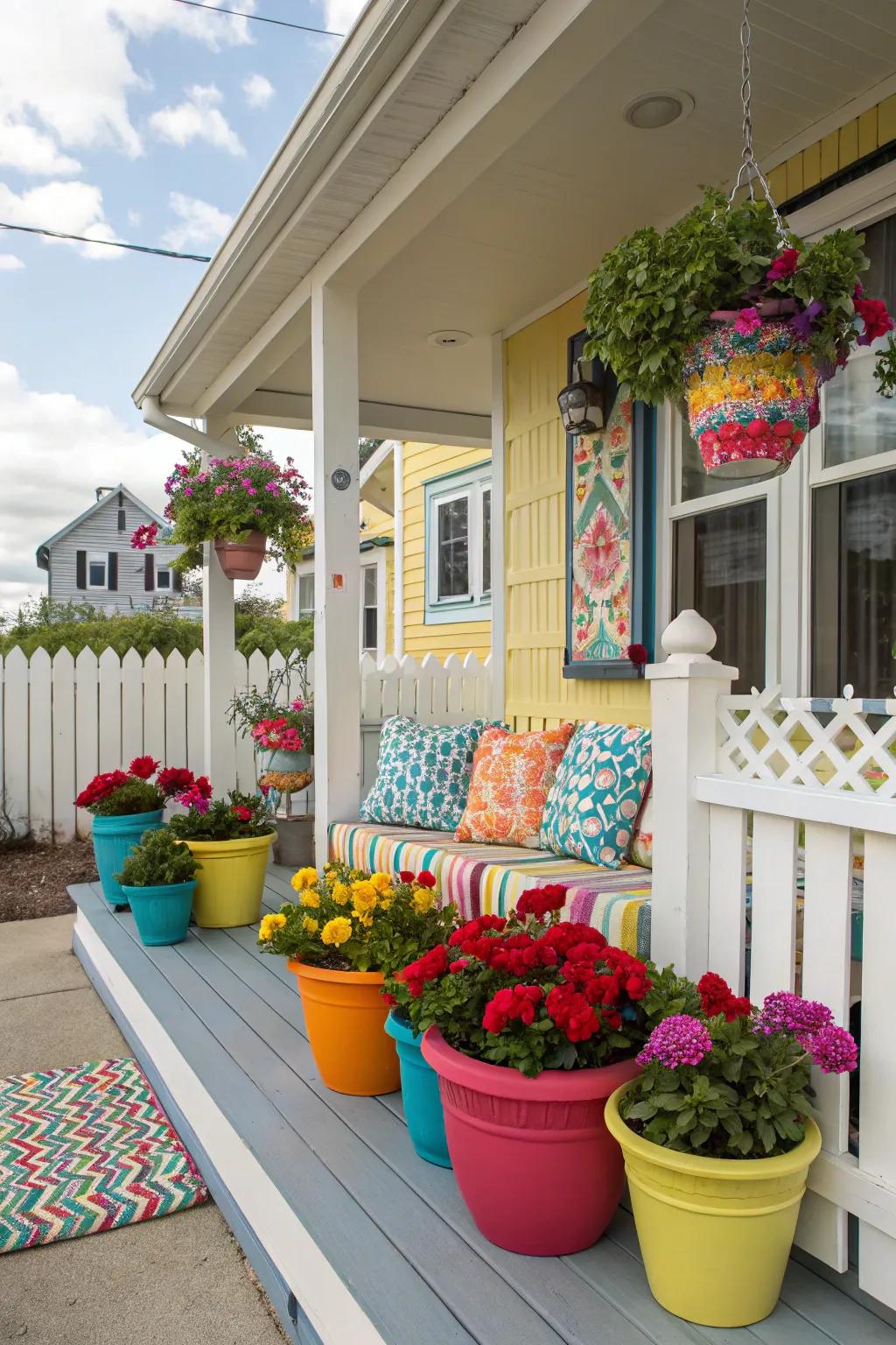 Bold colors make a striking statement on a small porch.