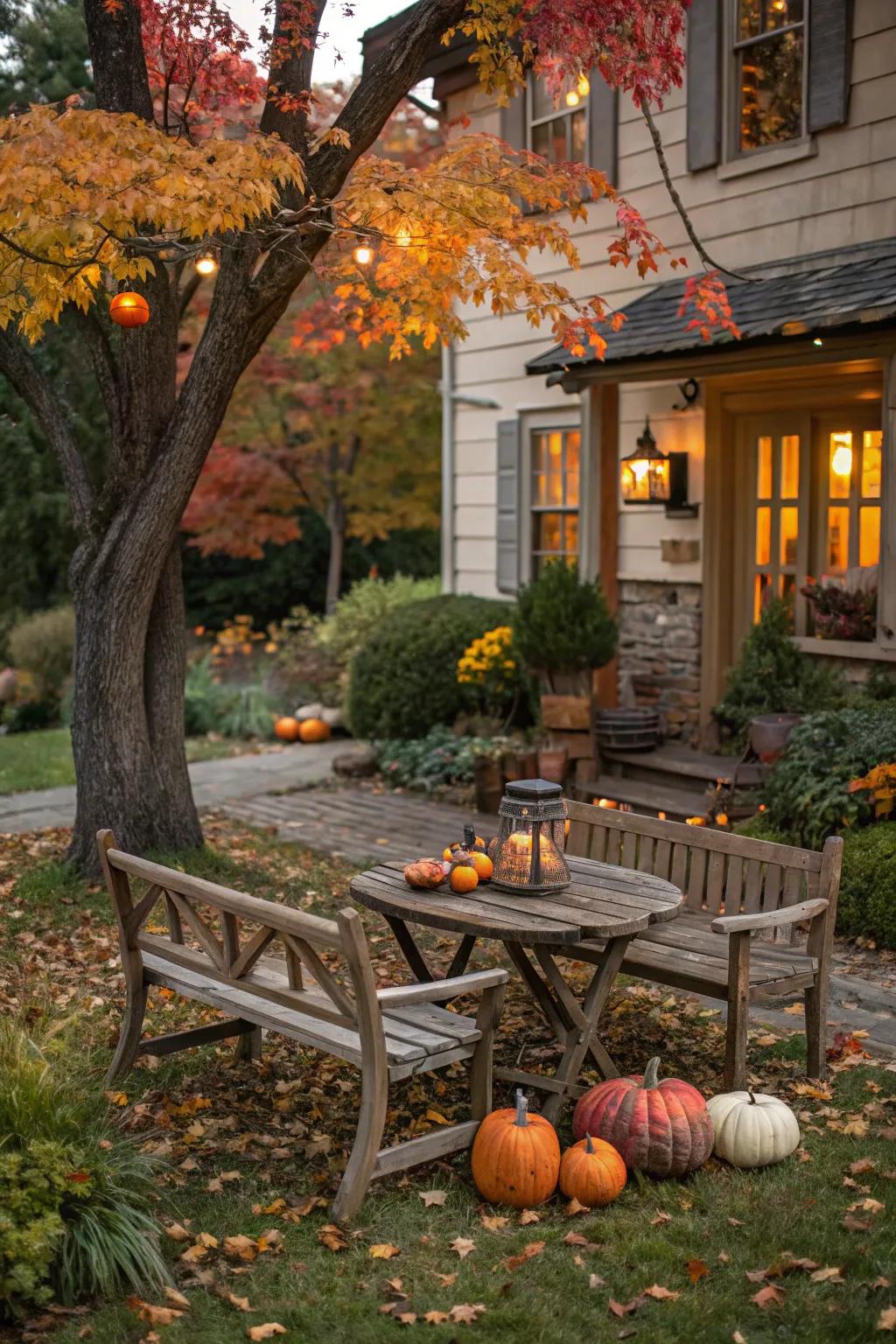 Rustic wooden furniture complements the season's natural beauty.