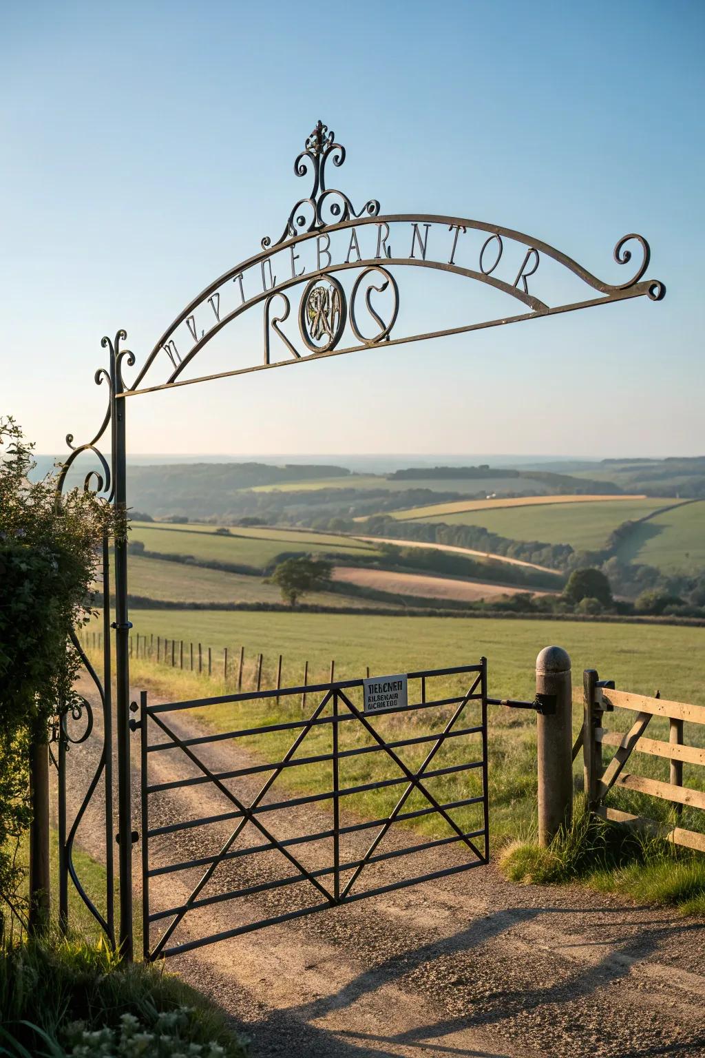 A gate with a personalized header for a unique entrance.
