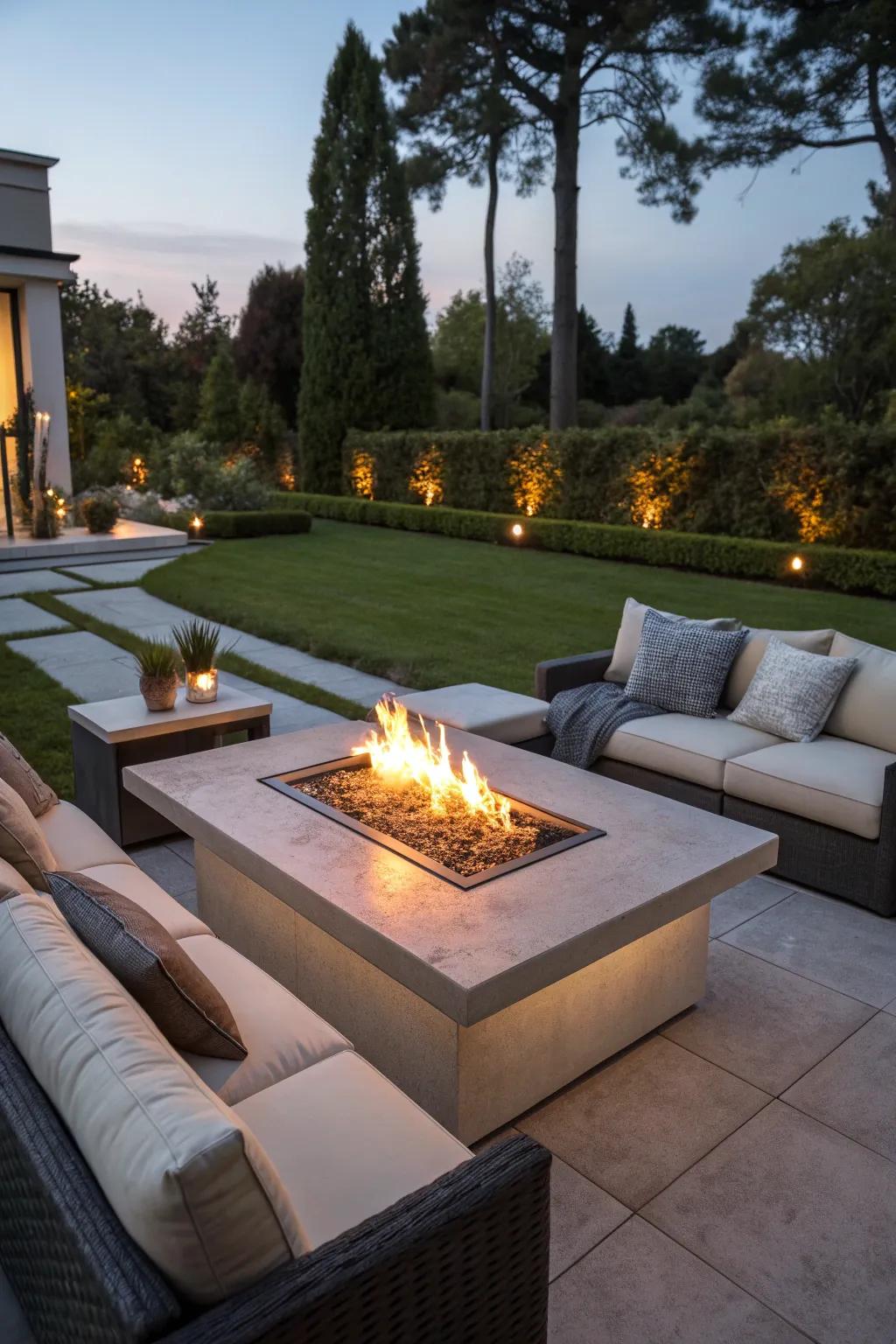 A functional fire pit table in a farmhouse setting.