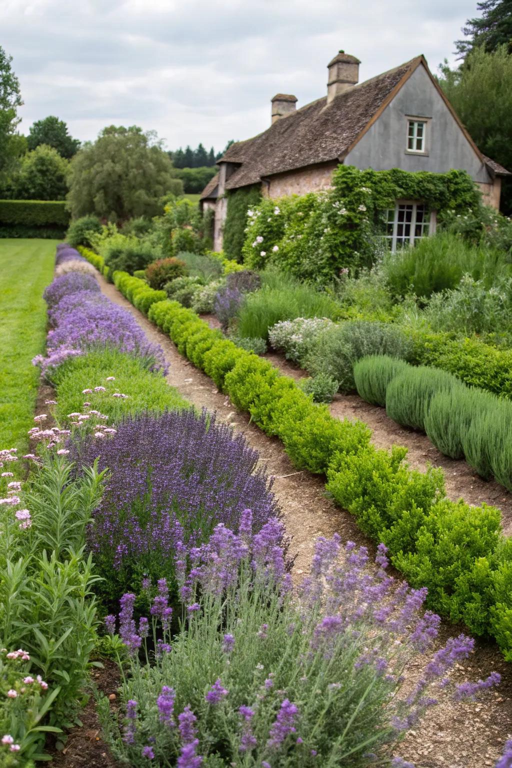 A fragrant herb border of lavender and rosemary enhances the farmhouse flower bed with scent and practicality.