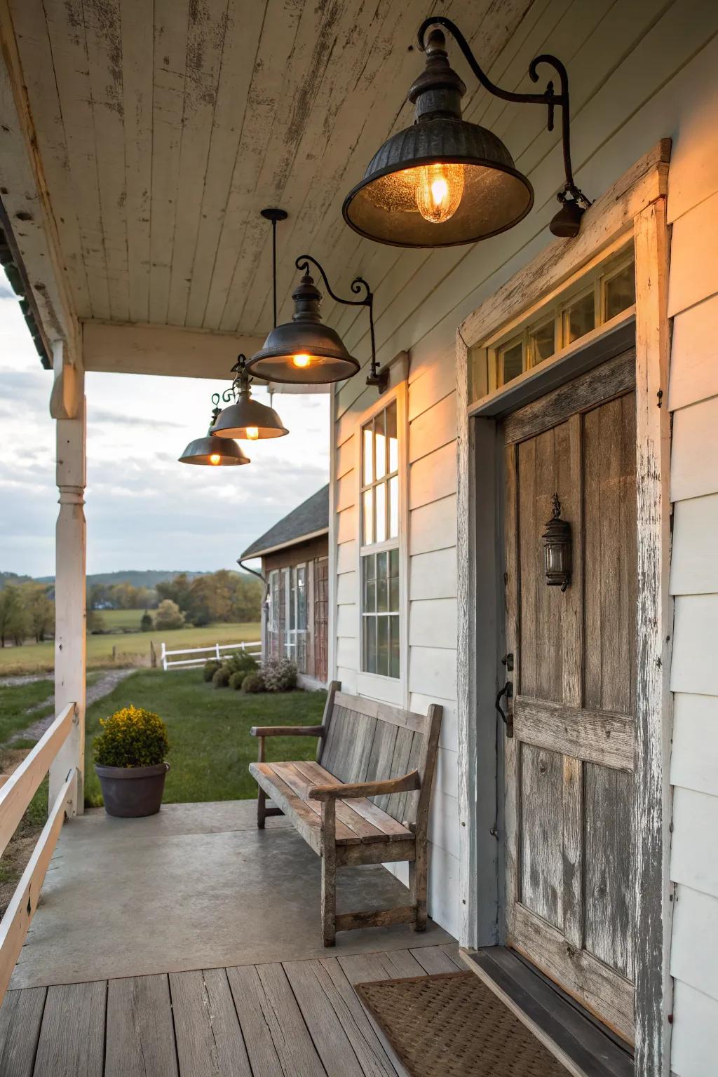 Metal fixtures add an industrial touch to your farmhouse porch.