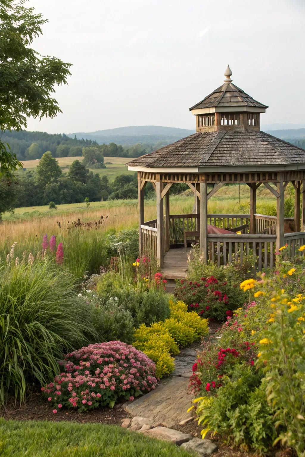 Lush greenery envelops this gazebo, creating a secret garden feel.