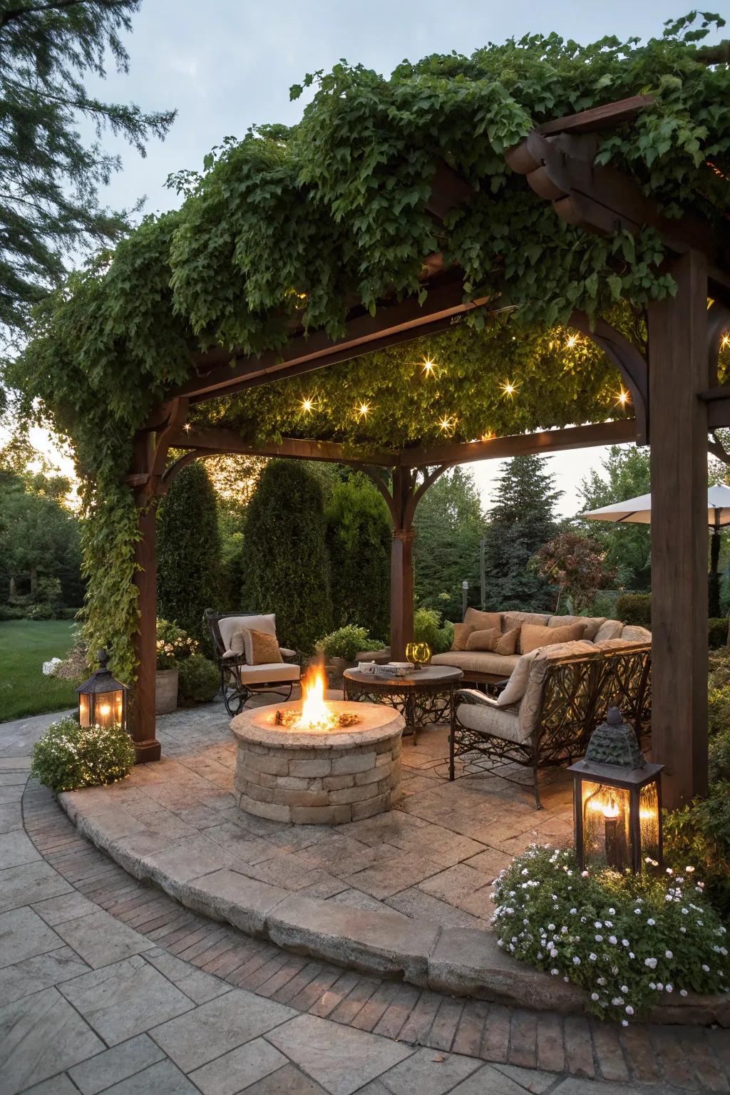 A fire pit under your pergola adds warmth and ambiance.