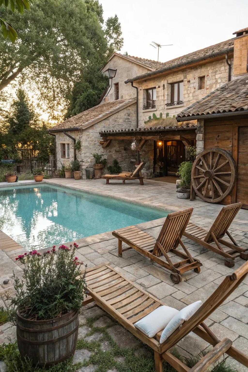 Vintage elements add character to a farmhouse pool.