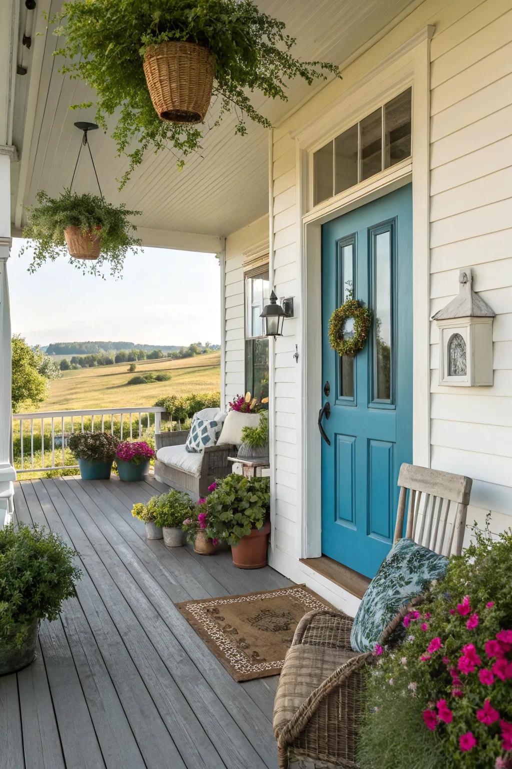 A bold door color adds a striking focal point to your farmhouse porch.