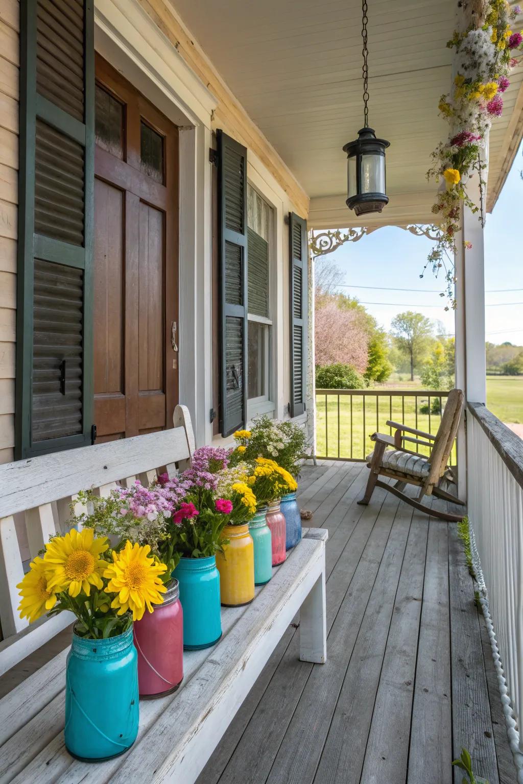 Painted mason jars serve as charming vases.