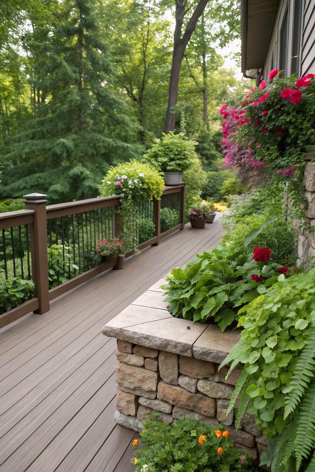 Integrating greenery with stone skirting creates a seamless natural blend.