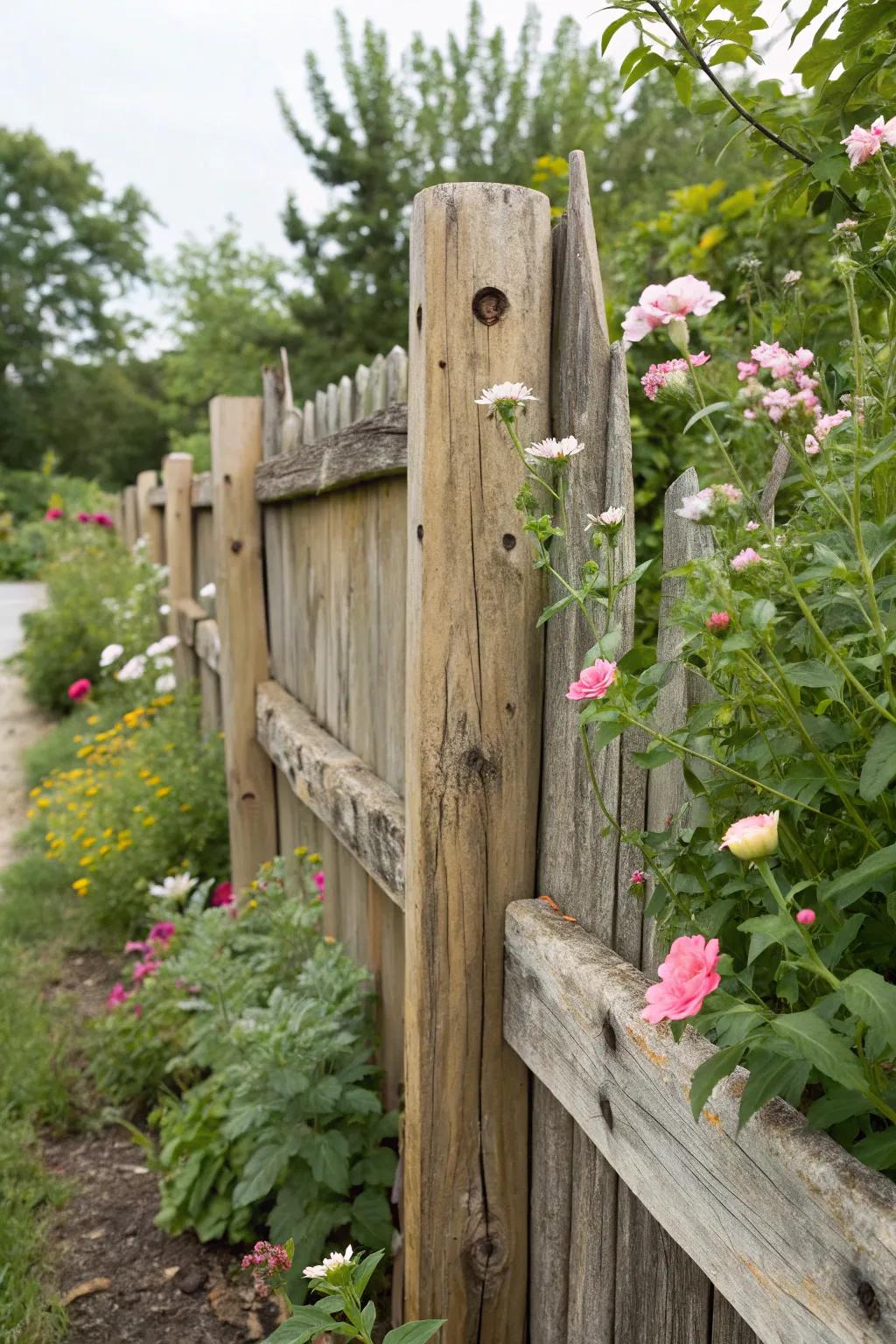 Reclaimed barn wood gives this fence a rustic and historic charm.