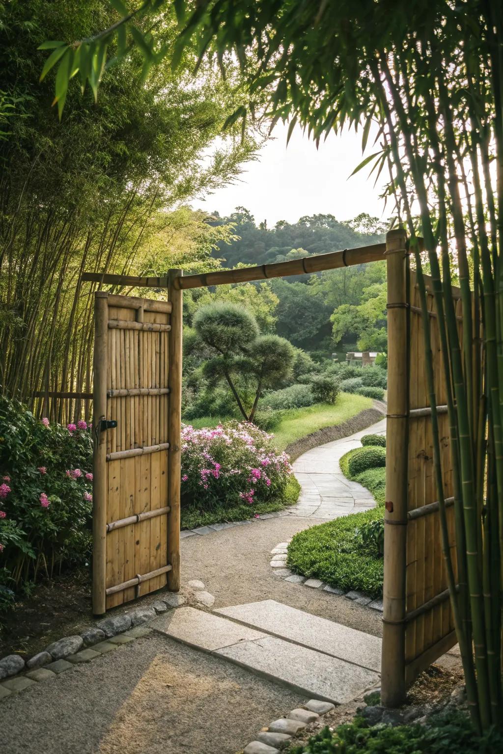 A bamboo gate introduces a serene, Zen-like atmosphere.