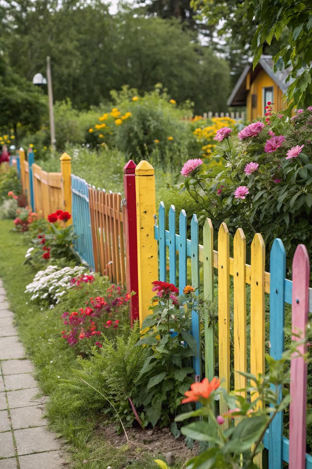 Vibrant colors bringing personality to a garden fence.