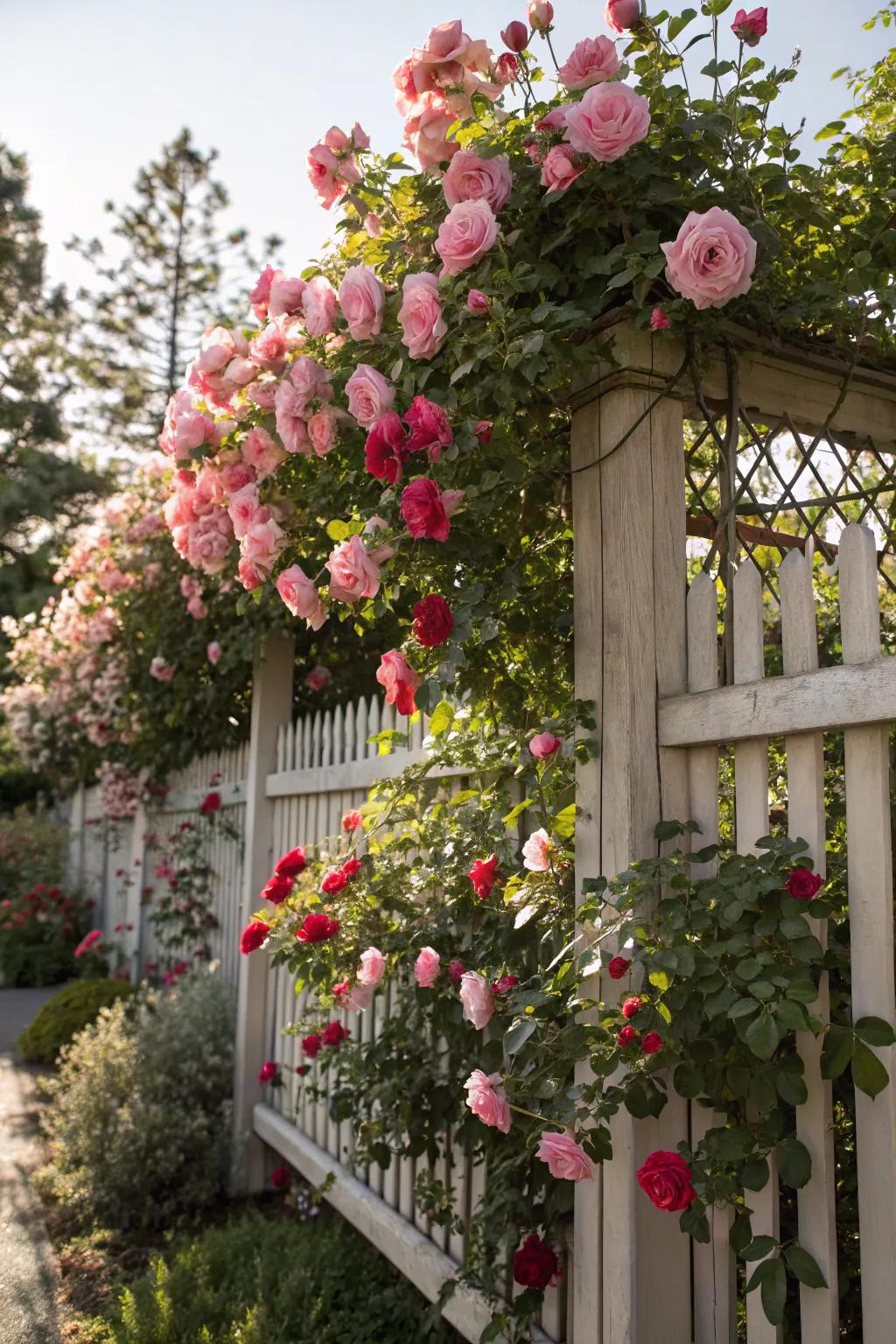 Climbing roses on a trellis add romance and privacy.