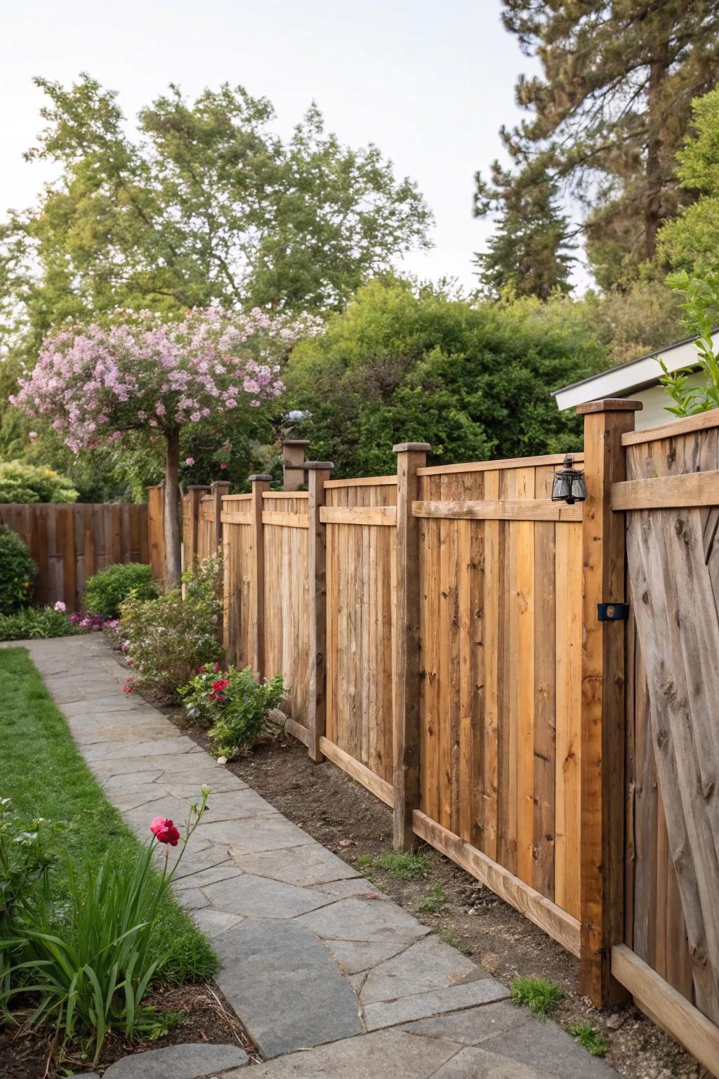 Reclaimed wood fences offer timeless rustic charm.