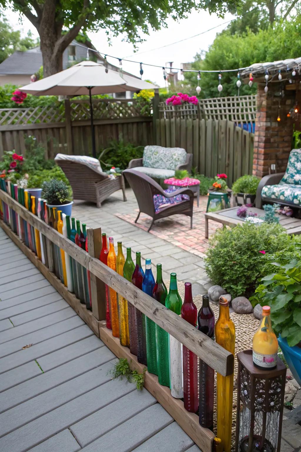 Whimsical and artistic patio surrounded by a colorful bottle wall.