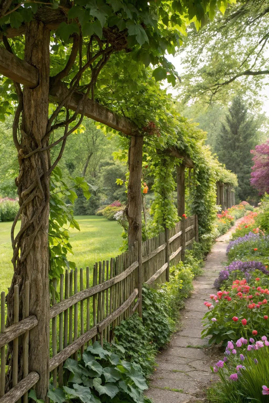 Transform your fence into a living wall with climbing vines.
