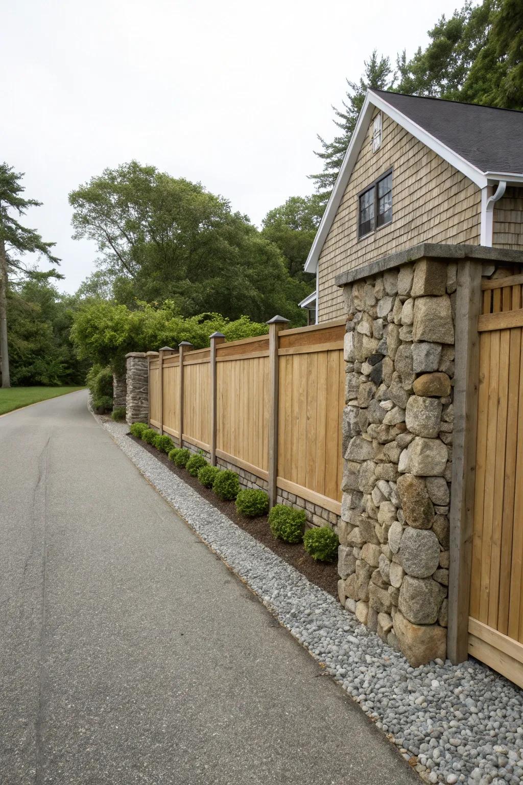 Natural stone elements bring luxury and texture to driveway fences.