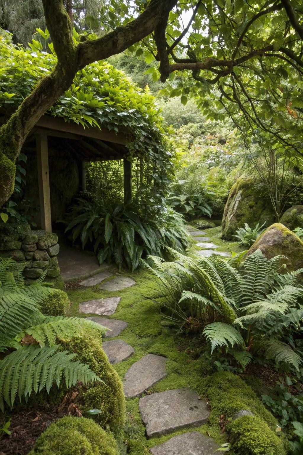 A secret fern nook provides a private retreat in the garden.